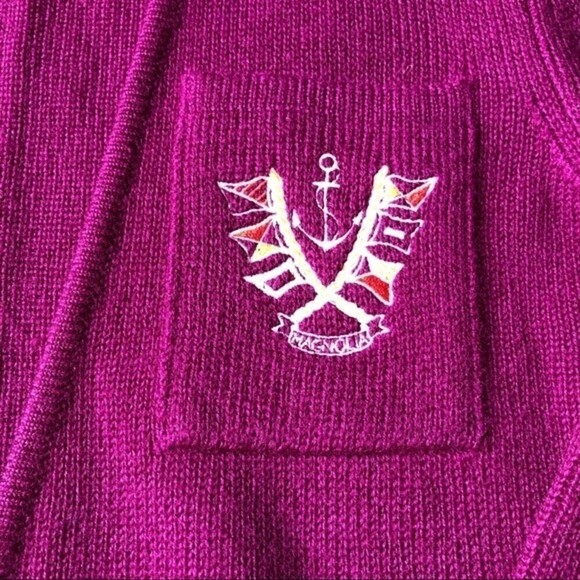Vintage 80s Magnolia Wool Cardigan Sweater Burgundy Purple Nautical Crest Chunky - Picture 6 of 12